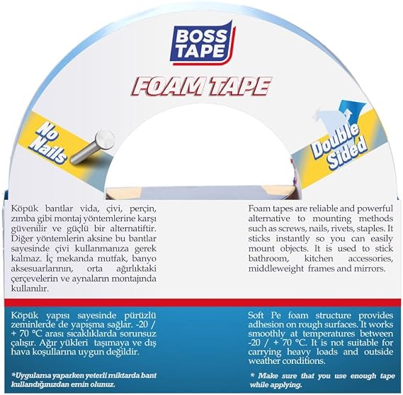 Boss Tape 15 KG Çift Taraflı Köpük Aksesuar Montaj Bandı 24 mm x 10m