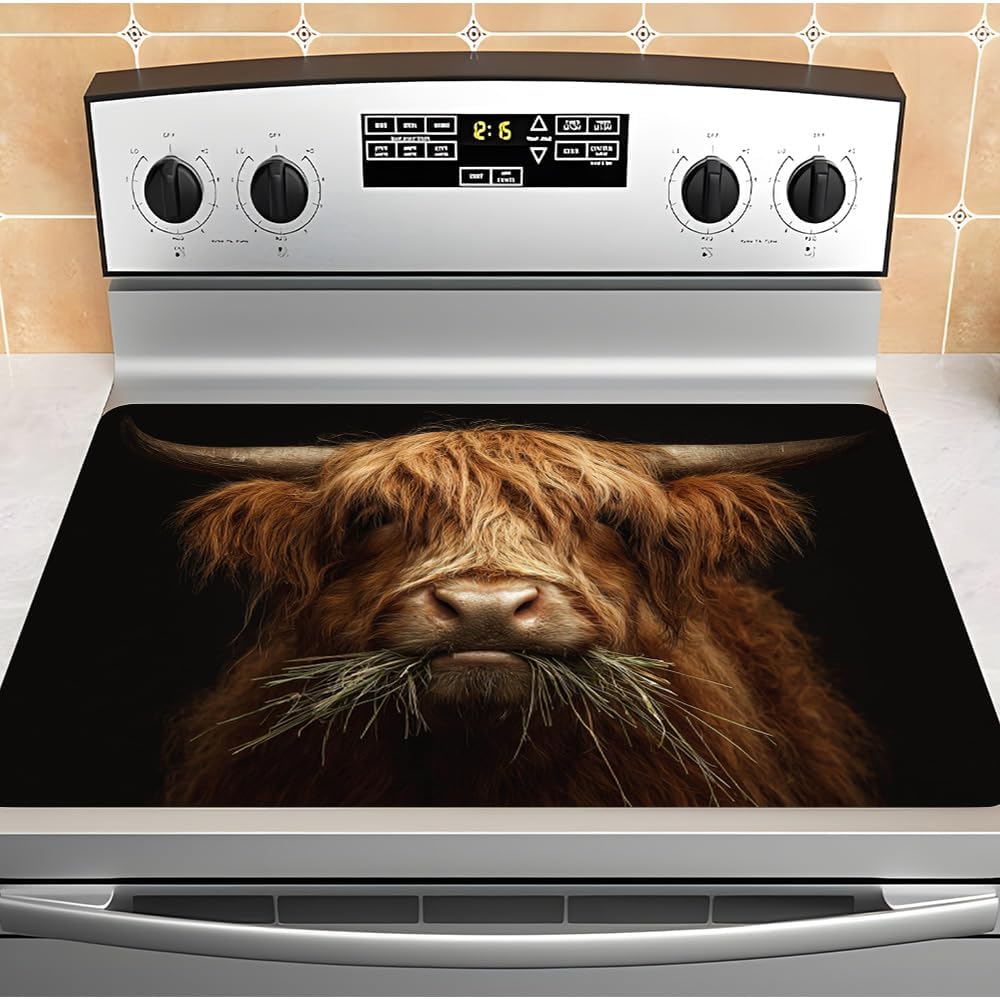 Highland Cow Stove Top Covers for Electric Stove, 28.35x20.47in Decorative Stove Glass Front Cover, Highland Cow Stove Cover & Gas Stove Mat for Rustic Highland Cow Kitchen Decor
