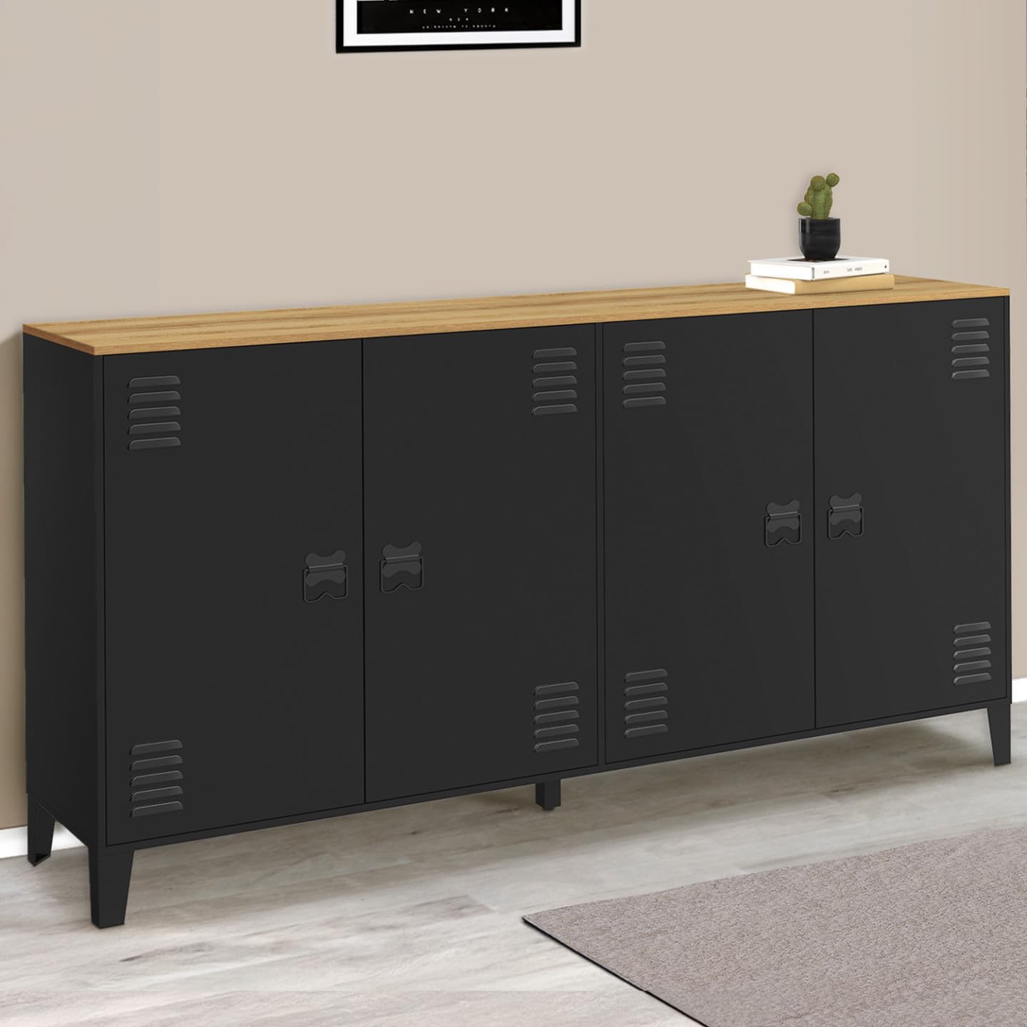 IDMarket - Buffet 160 cm Ester métal Noir Plateau Bois, Design Industriel | Avec 4 portes