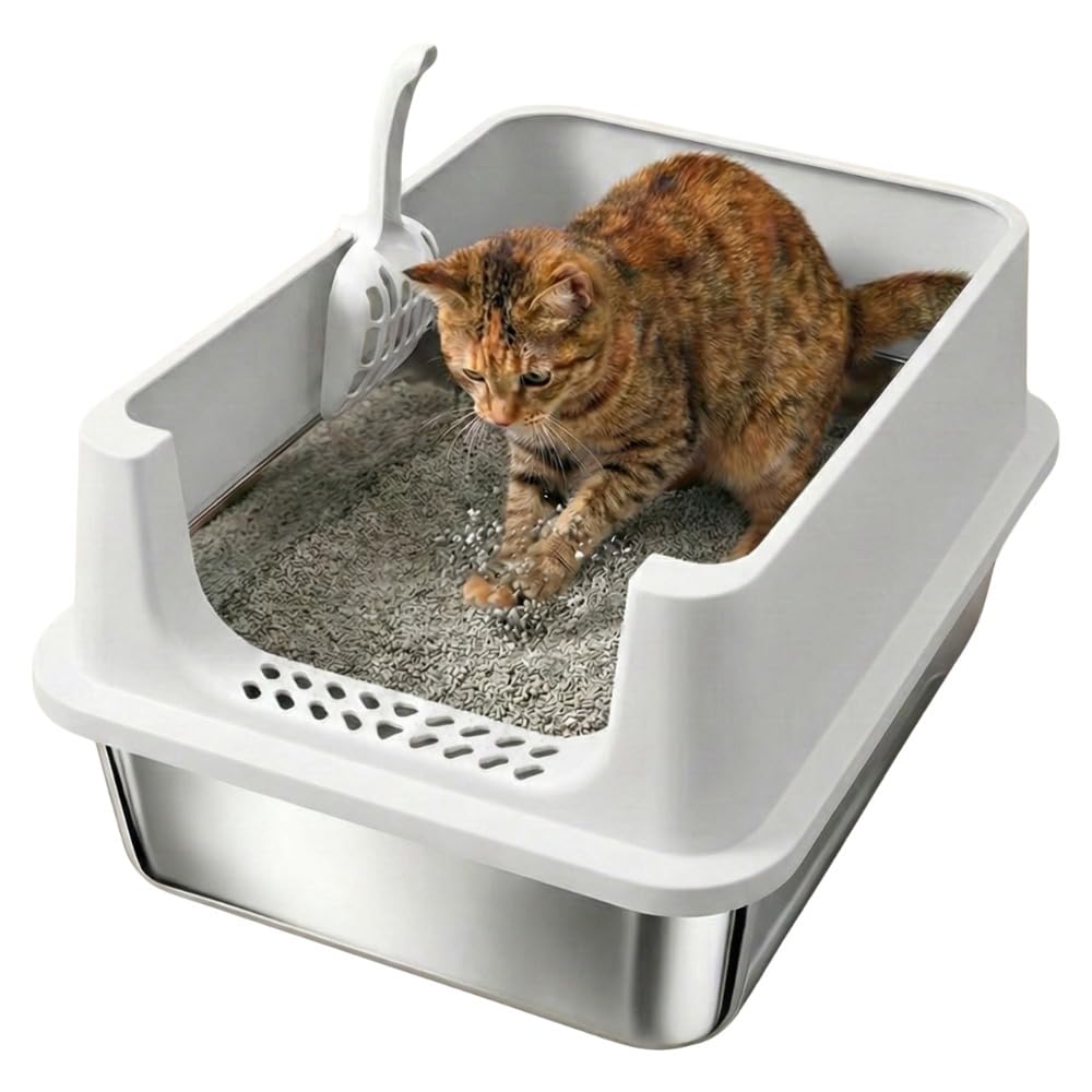 Stainless Steel Cat Litter Tray, XXXL 30L Enclosed High-Sided Metal Litter Box for Medium & Large Cats, Non-Stick & Odor-Resistant, Anti-Splash Design, Includes Litter Scoop, 60×40×25 cm – Silver.