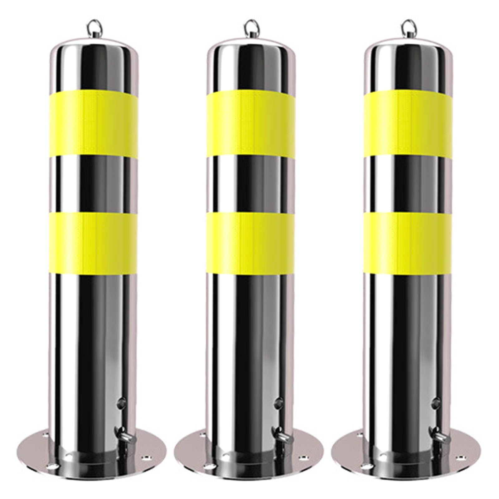 Aioneer Reflective Removable Safety Bollard Posts - Set Of 3 Traffic Control Barriers With Embedment Sleeves For Driveway Security And Parking Protection - Durable Silver Design
