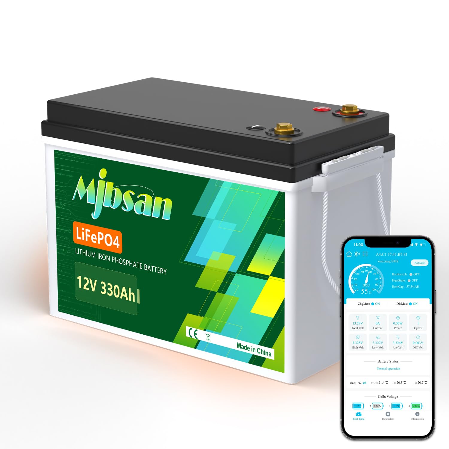 Mjbsan LiFePO4 12 V 330 AH batteria al litio Bluetooth con 200 A BMS, 8000 + cicli, batteria al litio 4224 W, protezione da spegnimento a bassa temperatura, perfetta per camper, applicazioni solari e