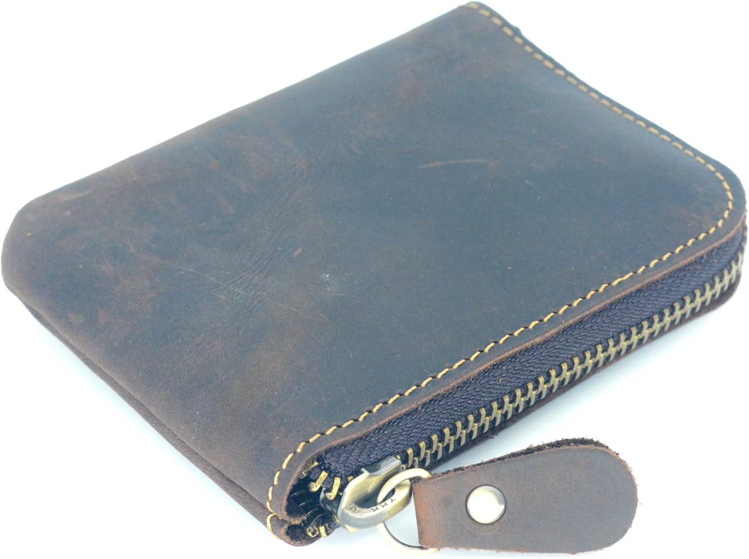 Genuine Vintage Leather Zipper Coin Purse Wallet With Key Car Smart Holder, Change Purse, Credit Card Coin Pouch Holder For Men Darkbrown