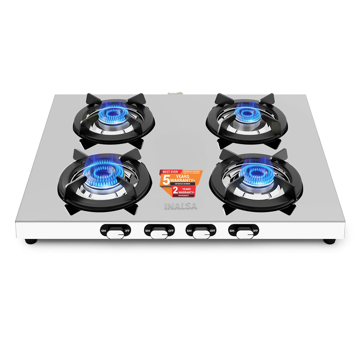 INALSA 4 Commercial Brass Burner Stainless Steel Cooktop|Slim-Frame Design|ISI Certified||360° Swivel Type Gas Inlet|Non-Slip Pan Supports|Ergonomic Knobs|5-Year Warranty on Burners,Iceline 4B-image-48