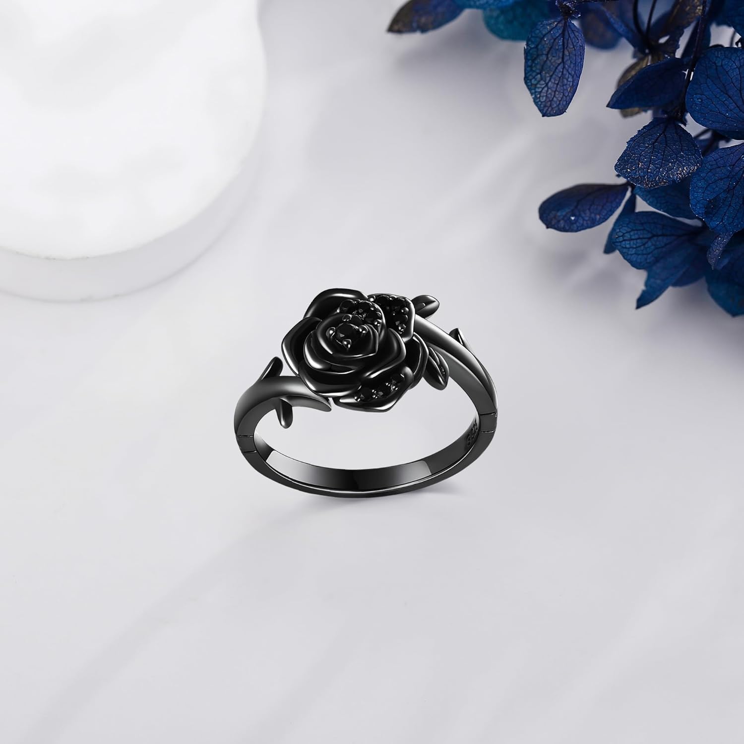 Black Rose Flower Ring Sterling Silver Goth Black Rose Jewelry Gift for Women