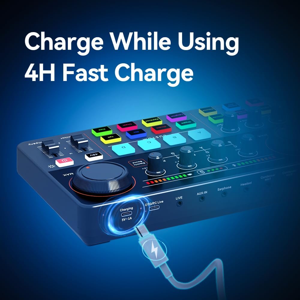 Live Streaming Sound Card, Professional Audio Mixer with 48V Phantom Power, Bluetooth, Noise Reduction, 1800mAh Battery, 9 Interfaces for Live Broadcast, Karaoke, Podcast