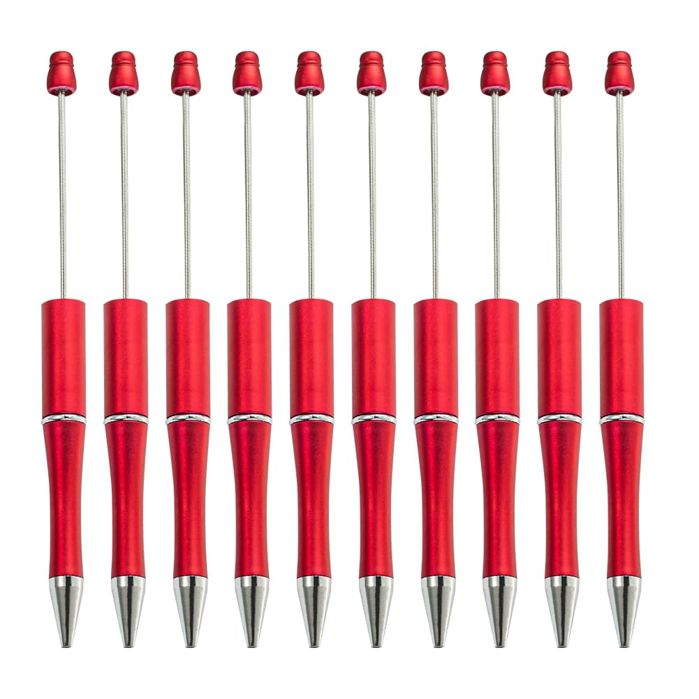 JIHUOO 12 Pcs Plastic Beadable Pens - Black Ink Ballpoint DIY Bead Pen - Cute Cool Writing Instrument for Students and Teachers - Red