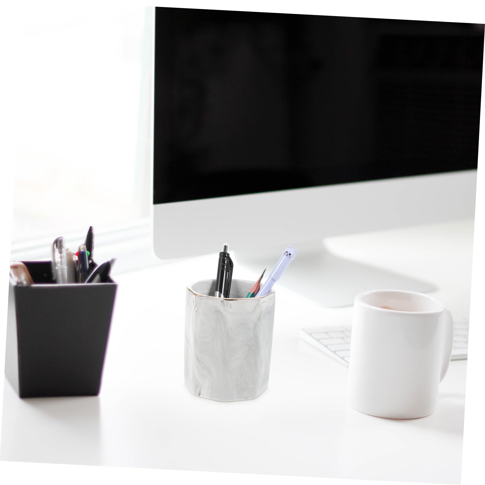 Tofficu 5 Pièces Seau de papeterie hexagonal porte-balais tasse à stylo Pot à crayons hexagonal Pot à crayons multifonctionnel porte-stylo de bureau pots à stylos pour bureau céramique