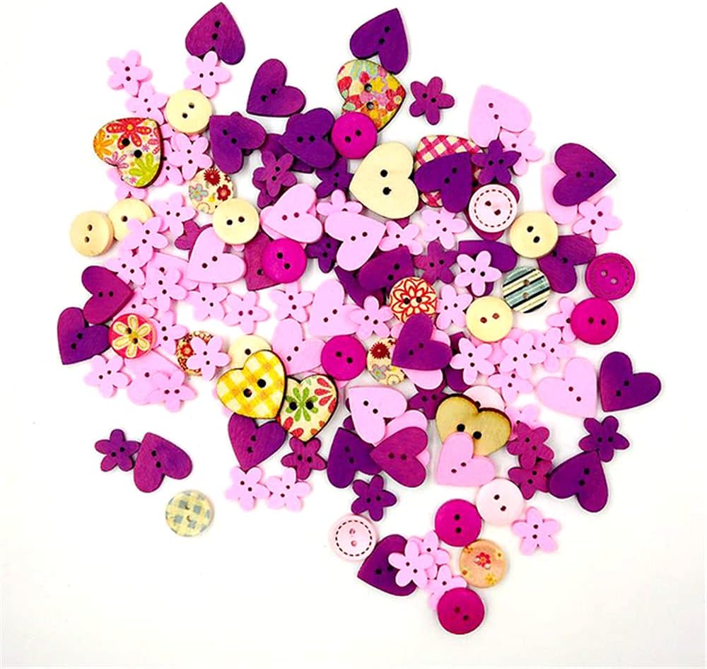 100 Pcs/Pack Wooden Button 2 Holes Button for Sewing Crafts DIY Works Decoration (Pink Purple)
