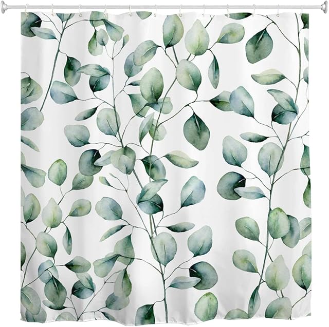 goodbath Leaf Shower Curtain, Green Eucalyptus Leaves Anti Mould Fabric Waterproof Wet Room Bath Curtains for Bathroom Bathtub, 180 x 180 cm