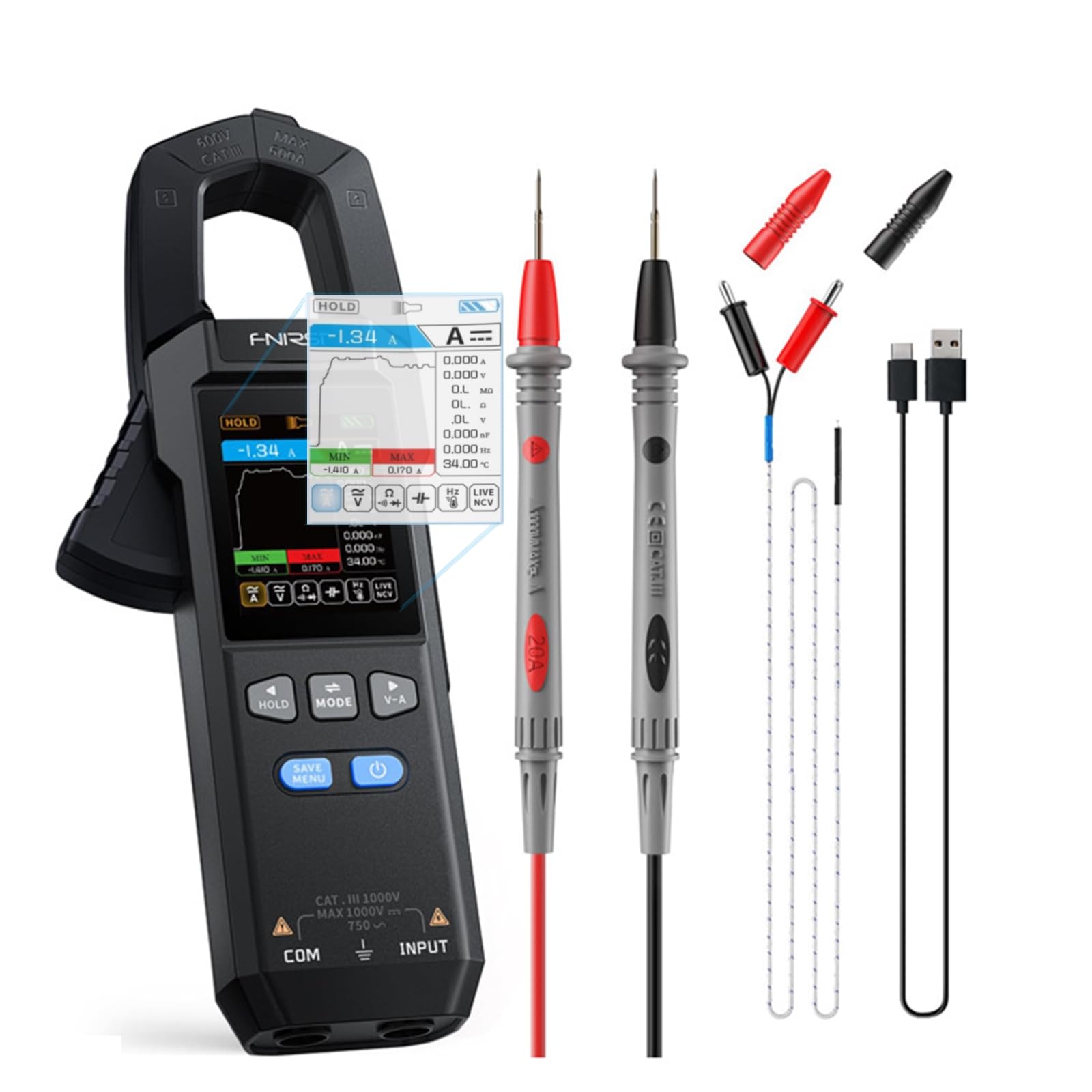 Pinza Amperimétrica Digital 9999 Cuentas TRMS, Multímetro Profesional, Mide Corriente/Voltaje AC/DC, Resistencia, Frecuencia, Capacitancia, Diodos, Continuidad, con Registro de Formas de Onda