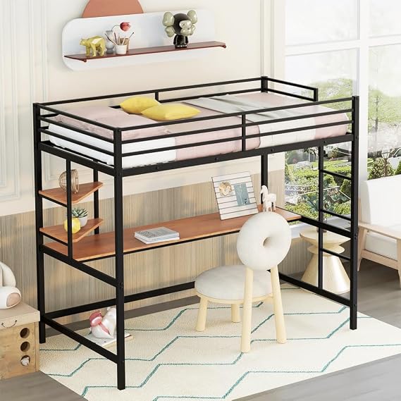 Loft Bed with Desk, Loft Bunk Bed Over Desk and Bookcase with Metal Frame, 12.8 H Safety Guardrail, Noise Free, No Box Spring Needed, Twin (Black)