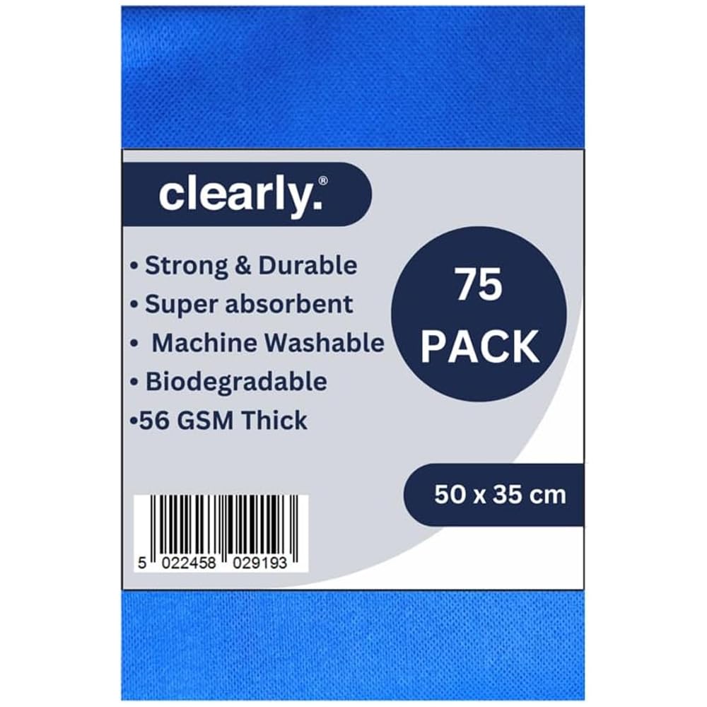 Clearly Multipurpose Cloths, Pack of 75, Super Absorbent Cleaning Cloths, Machine Washable Window Cleaning Cloths, 58GSM, 50x35cm, Essential Household Supplies and Cleaning Products