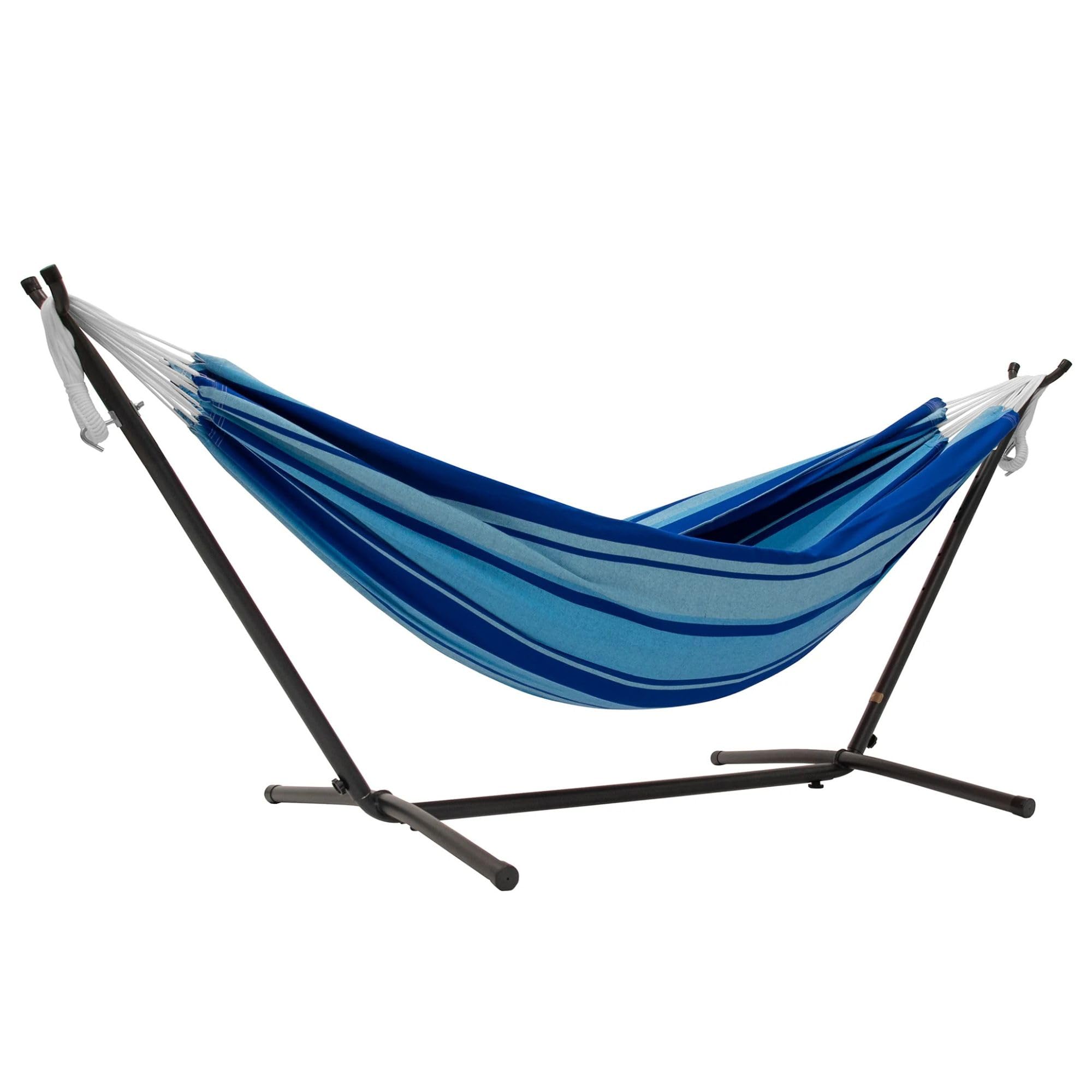 Double Cotton Hammock with Space Saving Steel Stand, Upgraded Polyester End Strings 450 lb Capacity - Premium Carry Bag Included - USA Grown Cotton (Island Breeze)