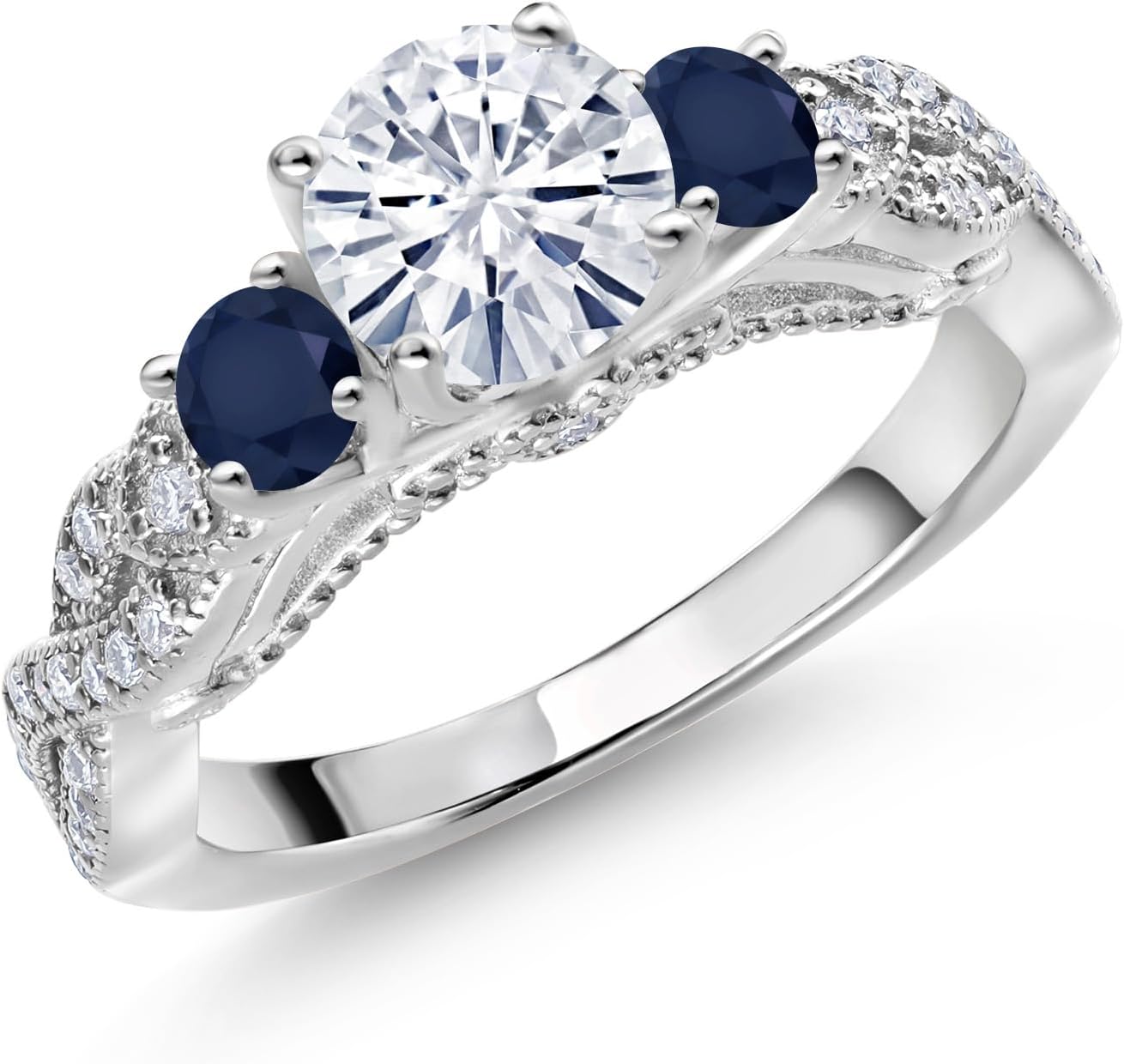 Gem Stone King 1.37 Cttw White Moissanite and Blue Sapphire Engagement Ring For Women | 925 Sterling Silver | Round 6MM and 3MM | Wedding Engagement Anniversary Promise Ring For Women