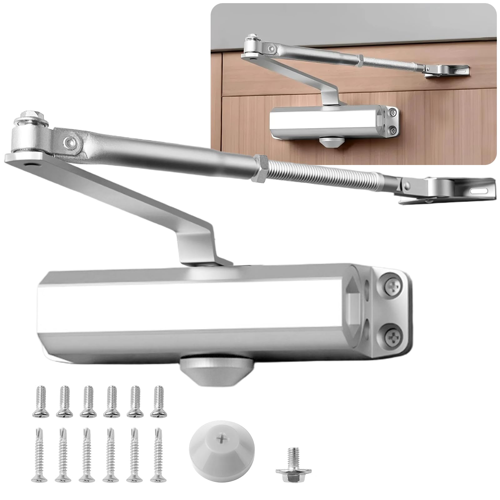 Heavy Duty Automatic Door Closer for 143-187 lbs Door, Commercial Grade Hydraulic Door Closer Adjustable Speed and Hold Open, Size 3 Spring, Sprayed Aluminum - Silver