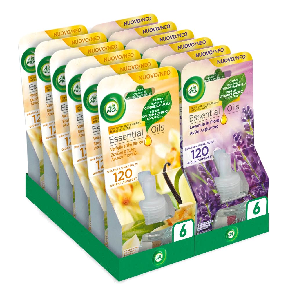 Airwick Ricariche per Diffusore Elettrico di Oli Essenziali, Confezione da 12 Ricariche di Profumatore per Ambienti Elettrico, 6 alla Fragranza di Vaniglia e Thè Biancoe, 6 Lavanda in Fiore