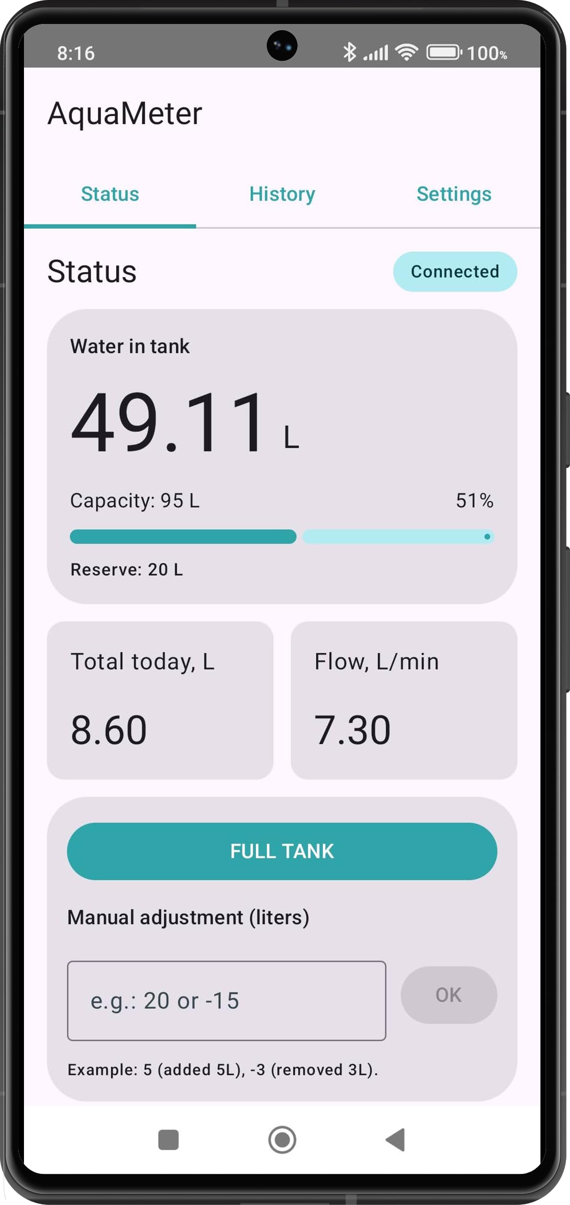 AquaMeter: Monitor de Agua para Depósito de Autocaravana y Camper - Sensor de Nivel Basado en Flujo - App Android/iOS Bluetooth - Alta Precisión - Sin Taladrar