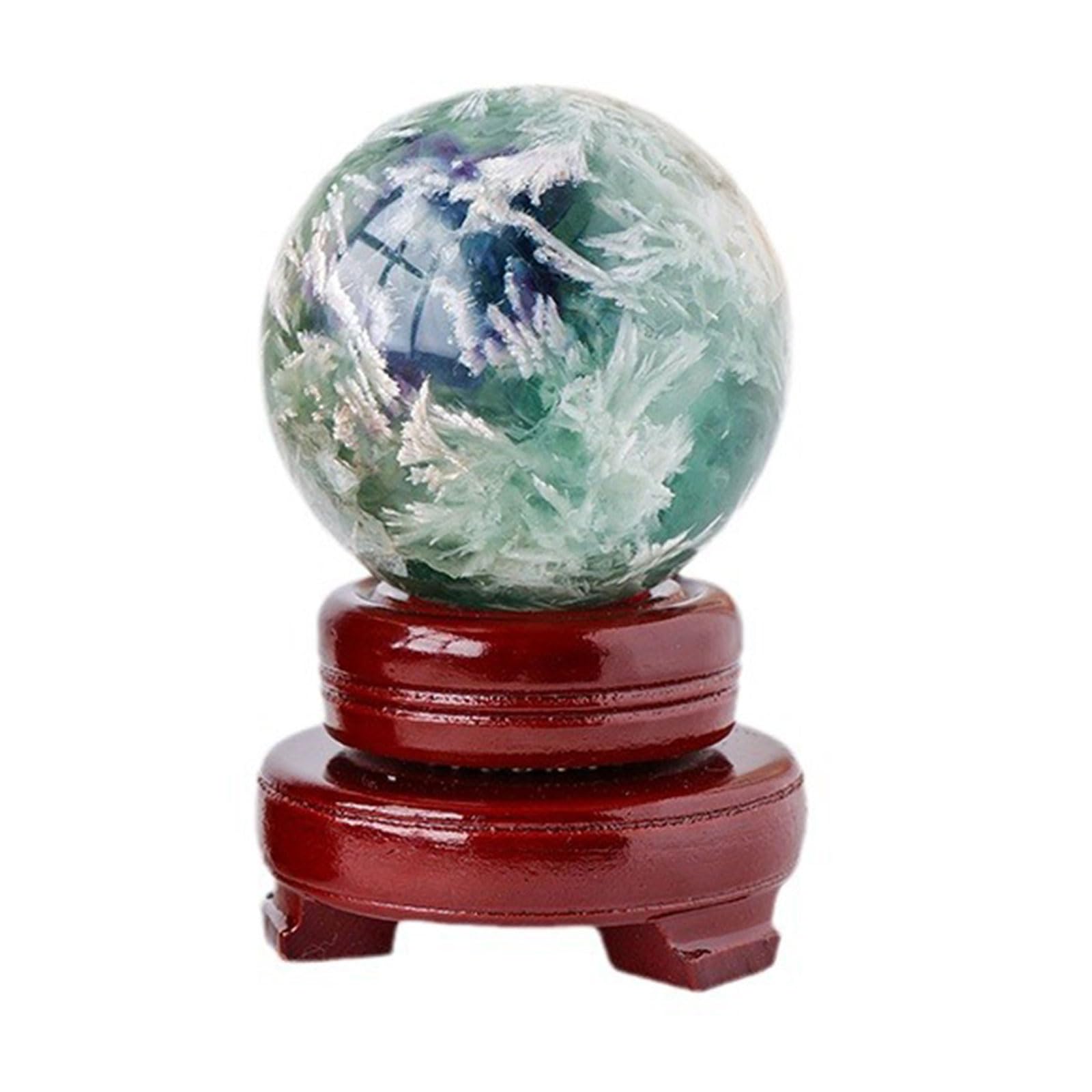 QWZTAEOZA Crystals Ball, Feather Fluorite Crystal with Wooden Stand Magic Sphere for Divination Yoga FengShui Decoration,7~8cm