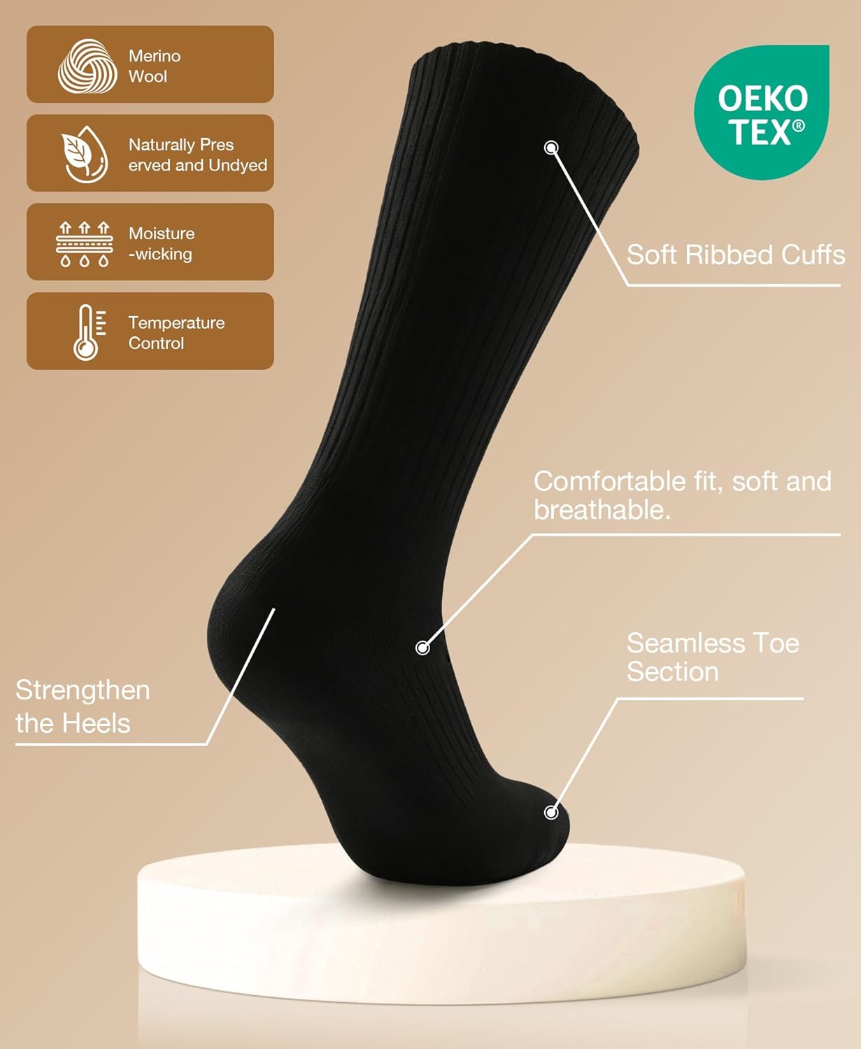 Merino Wool Thermal Socks for Men & Women, 3 Pairs Cushioned Moisture Wicking Crew Boot Socks for Outdoors & Work