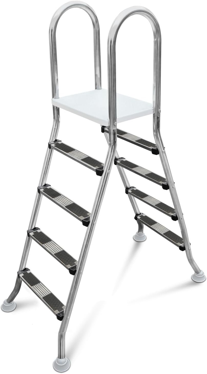 4 5 Treads Above Ground Stainless Steel Swimming Pool Ladder Stainless Steel Steps with Handrails Platform Entry and Exit System for Up to 300 Pound Capacity Heavy Duty Safety (4 Treads)