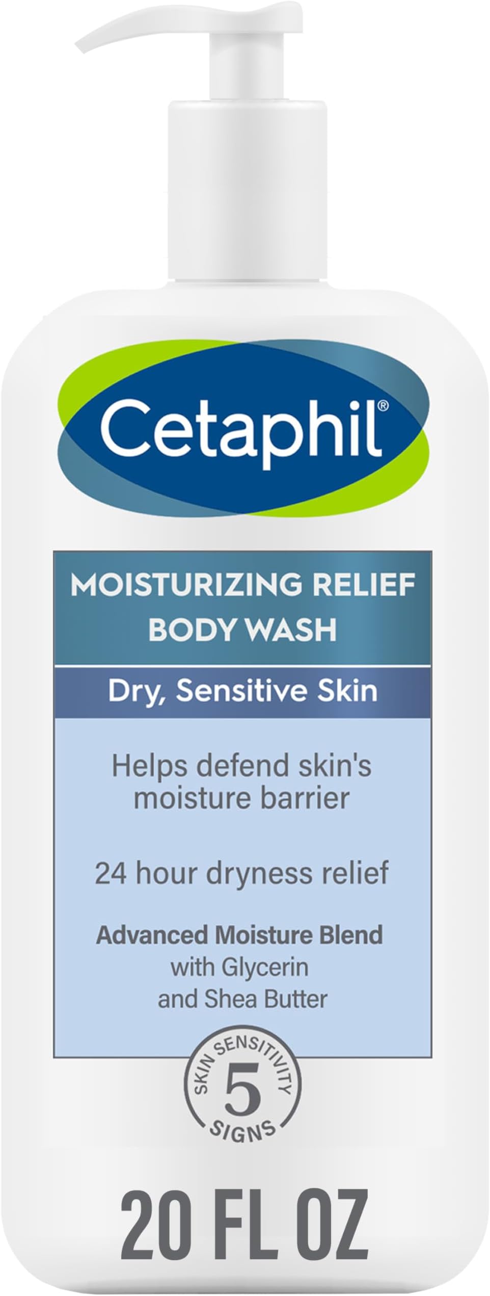 Body Wash by CETAPHIL, NEW Moisturizing Relief Body Wash for Sensitive Skin, Creamy Rich Formula Gently Cleanses and Gives 24 Hr Relief to Dry Skin,Hypoallergenic, Fragrance Free, 20 oz