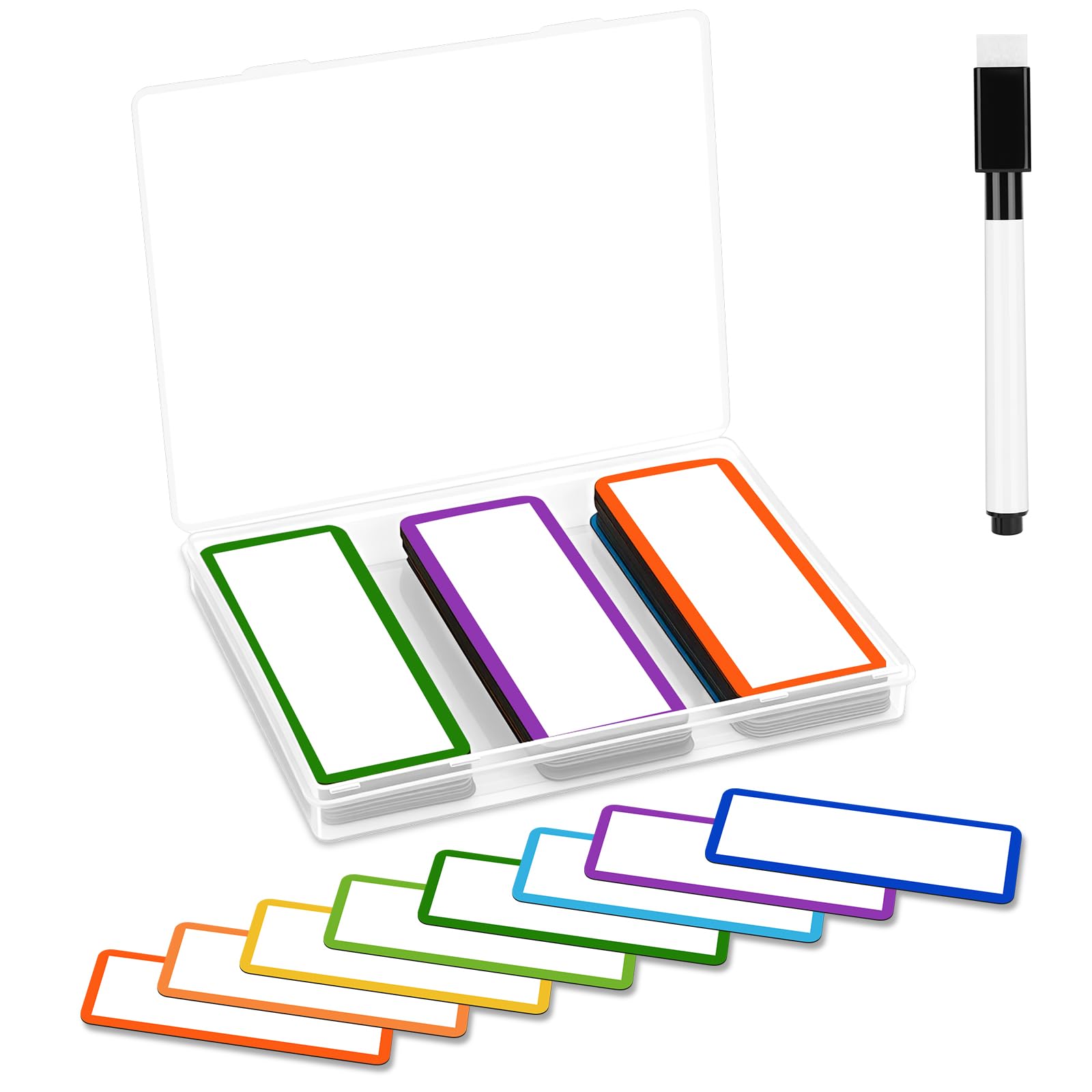 Alaoo Magnetic Labels Writable, 8 Color 50Pcs Reusable Name Tags Magnets with Marker, Dry Erase Magnetic Label Strips for Whiteboard Refrigerator Shelving Classroom Blackboard, Each-Color Border