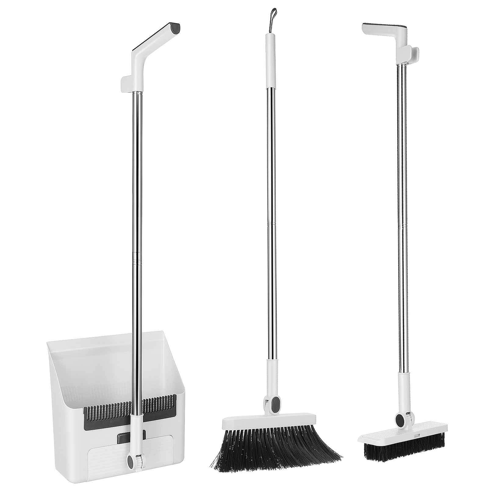 Juego de Escoba Multifunción y Recogedor con Mango Largo y Dientes Retráctiles, 5 Piezas Blanco, Plástico Resistente, para Interiores y Exteriores, Kit Ahorro Espacio y Limpieza