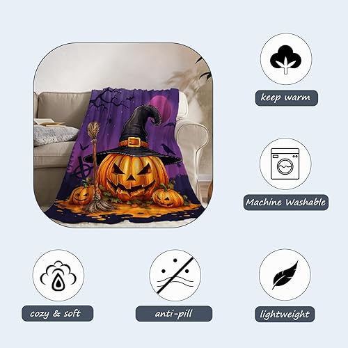 Miniatura 5 de Neatee Living Manta de Halloween tamaño individual, manta de bruja espeluznante morada, ligera, mullida, suave, manta de forro polar para sofá,