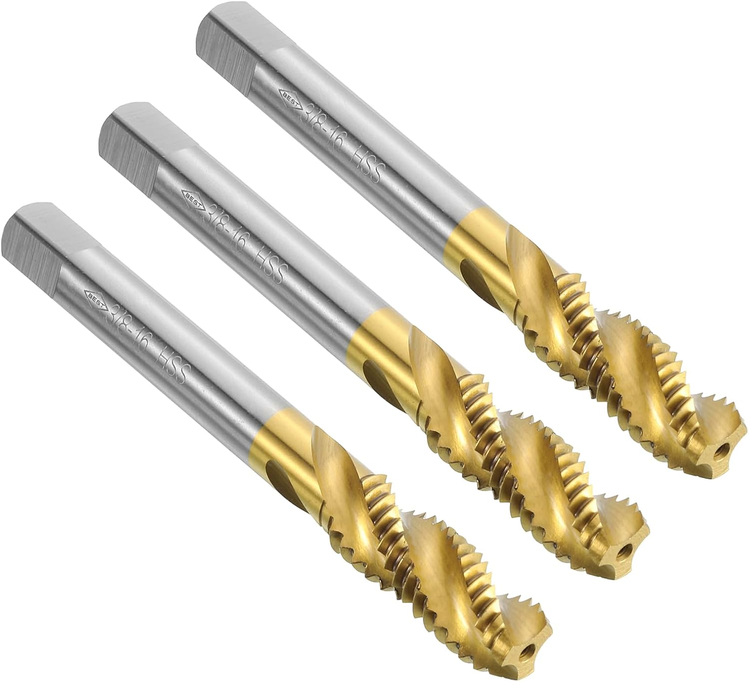 uxcell 3pcs Spiral Flute Thread Taps, 3/8-16 UNC H2 Screw Threading Tap, Titanium Coated 6542 High Speed Steel Machine Tapping Tools for Machinist Repair