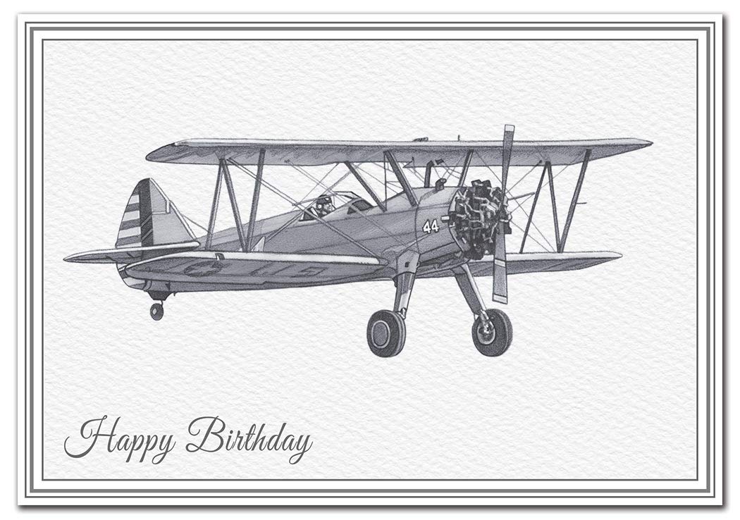 Unusual Birthday Cards - Unique Airplane Handmade Drawings Special WW2 Military (Boeing Kaydet Biplane Aircraft Card)