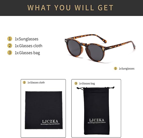 LJCZKA Retro Round Polarized Sunglasses Mens Womens UV400 Protection