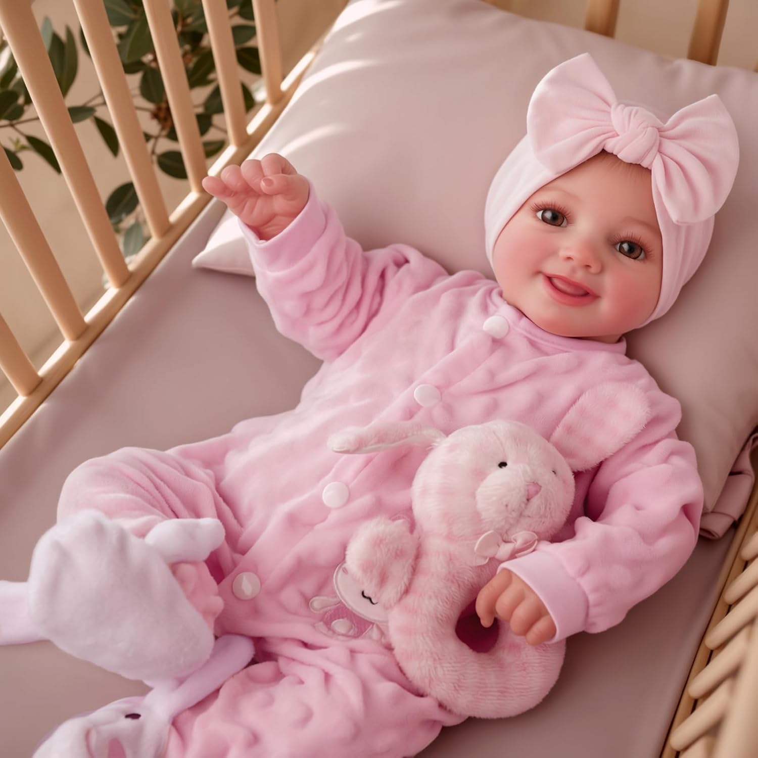 Reborn Puppe Mädchen 17 Zoll 43 cm Lebensechte BabypuppeOffene Augen mit Weichem Stoffkörper Rosa Kleidung Vinyl-Gliedmaßen Handbemalte Details, ab 3 Jahre