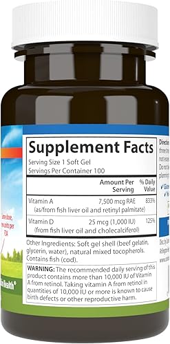 Miniatura 2 de Carlson - A y D, 25000 UI (7500 mcg RAE) Vitamina A, 1000 UI (25 mcg) de vitamina D, apoyo a la visión, salud de la piel, 100 cápsulas blandas