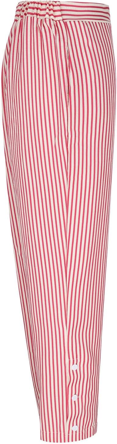Womens Striped Casual Pants Straight Wide Leg Elastic High Waist Side Button Loose Lounge Comfy Trouser with Pockets