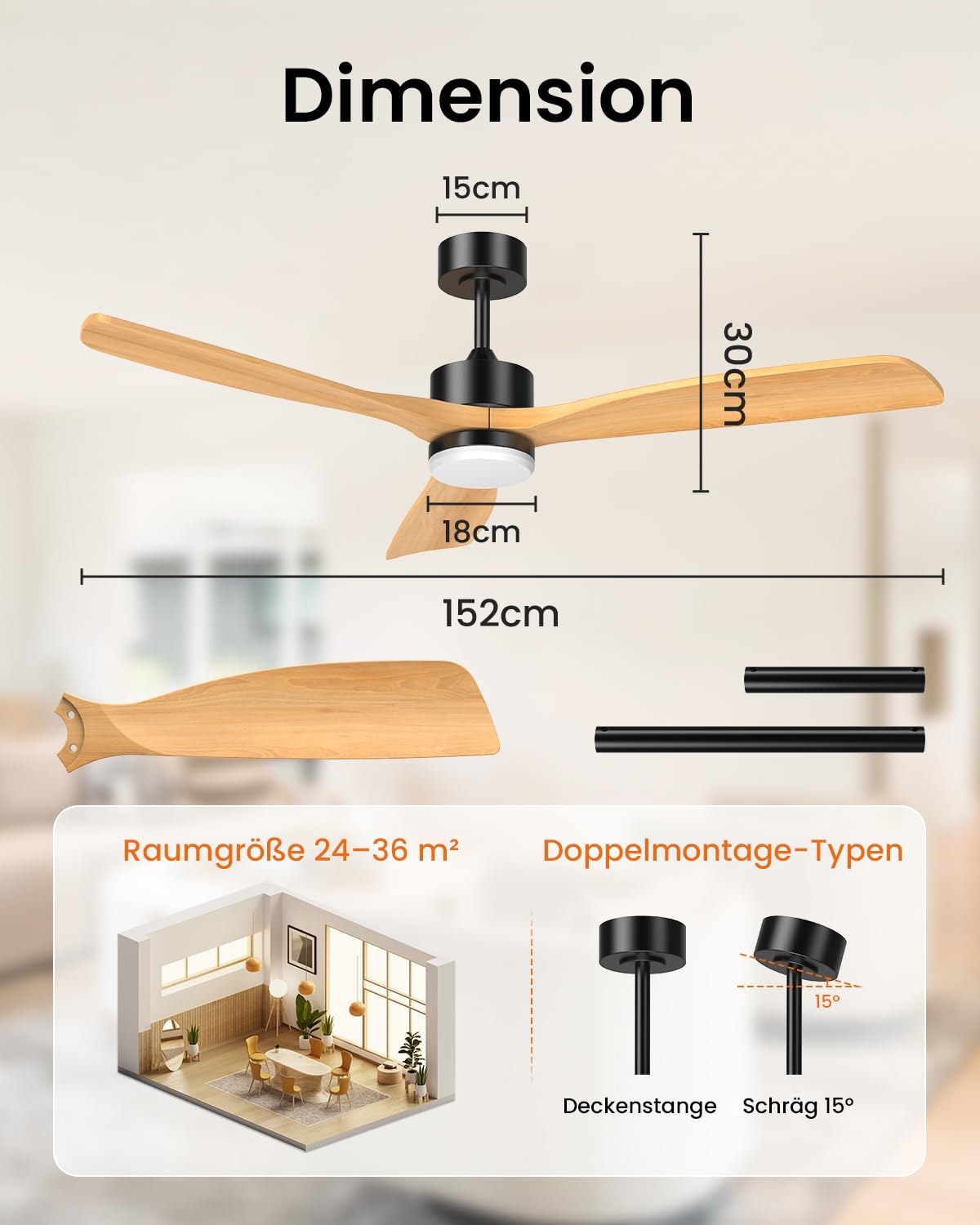 Airwit 152cm Holz Deckenventilator mit Beleuchtung, dimmbarem LED-Licht, Fernbedienung, leiser reversibler DC-Motor