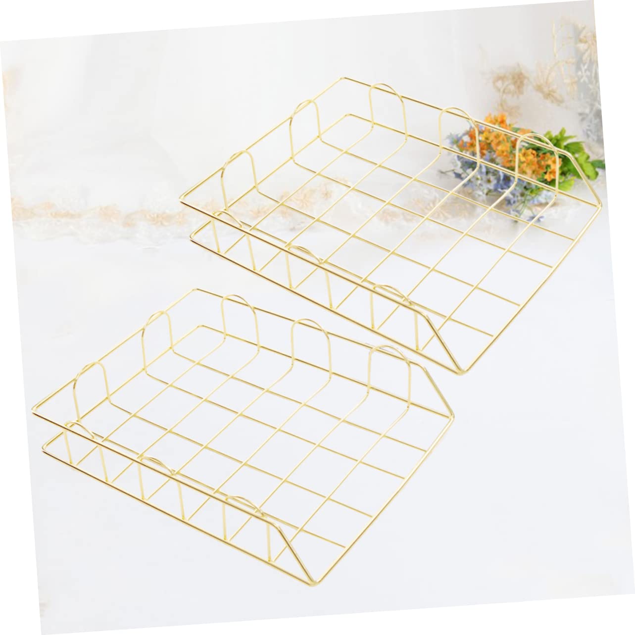 PLAFOPE 2pezzi Portadocumenti Impilabile in Metallo Cestino Portaoggetti da Ufficio Contenitore per Carta in Ferro Dorato Organizer per Scrivania