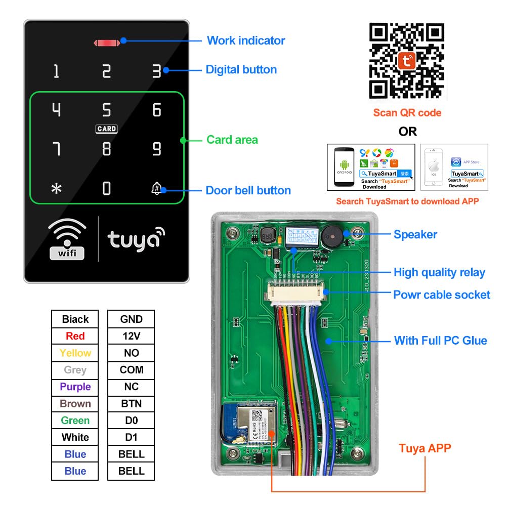 Drahtlos WiFi Tuya Tür Kits Zugangskontrollsysteme 125KHz 13.56MHz IP68 wasserdichte Touch RFID Tastatur und DC12V3A Netzteil 15pcs Keyfobs, Ohne Elektrische Schlösser