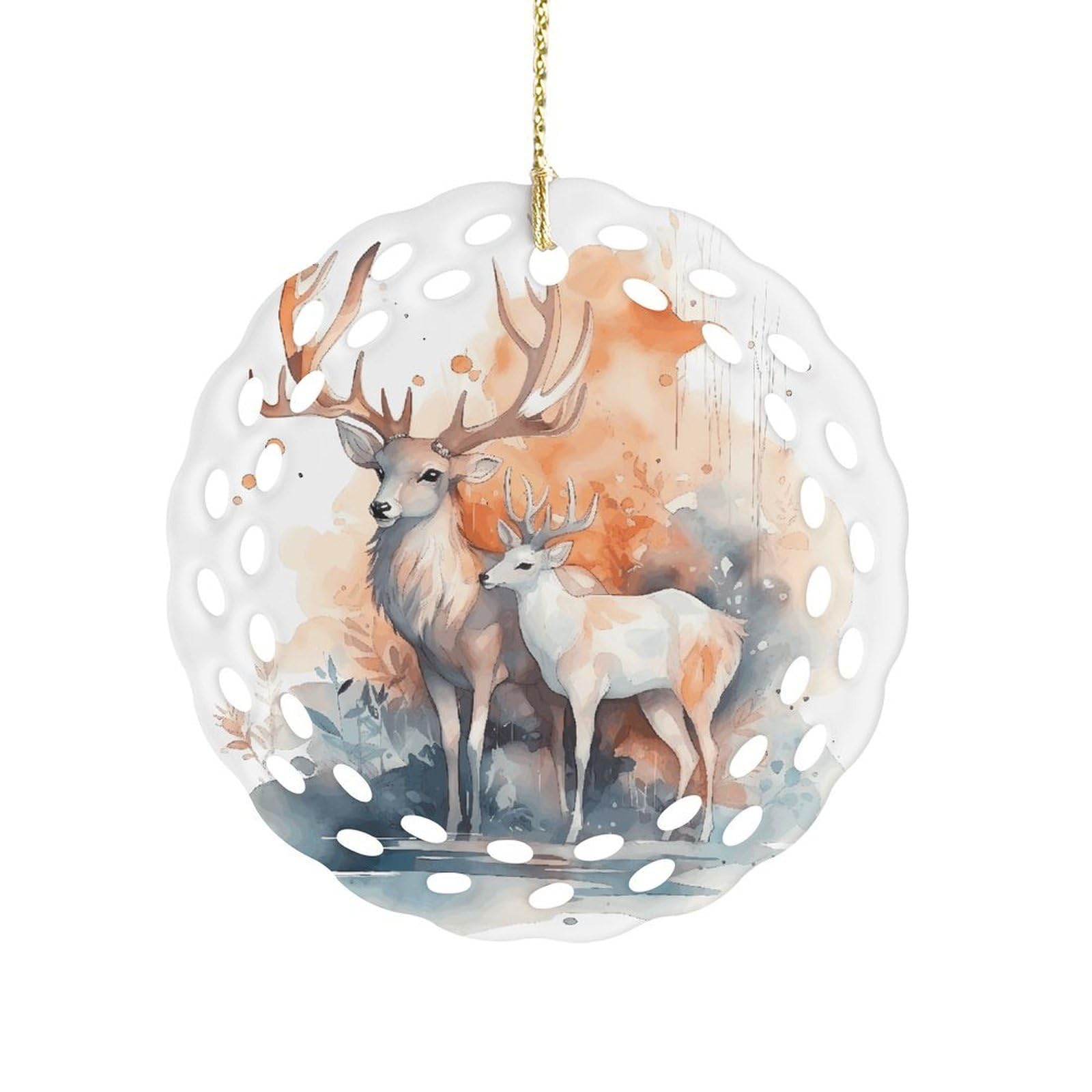 Btcowzrv Style Hand Drawn Deer Ceramic Ornament,Round Ornaments With Hole Easy To Hang,Hanging Ornament For Wedding Party Home Window Garden Christmas Day Decor
