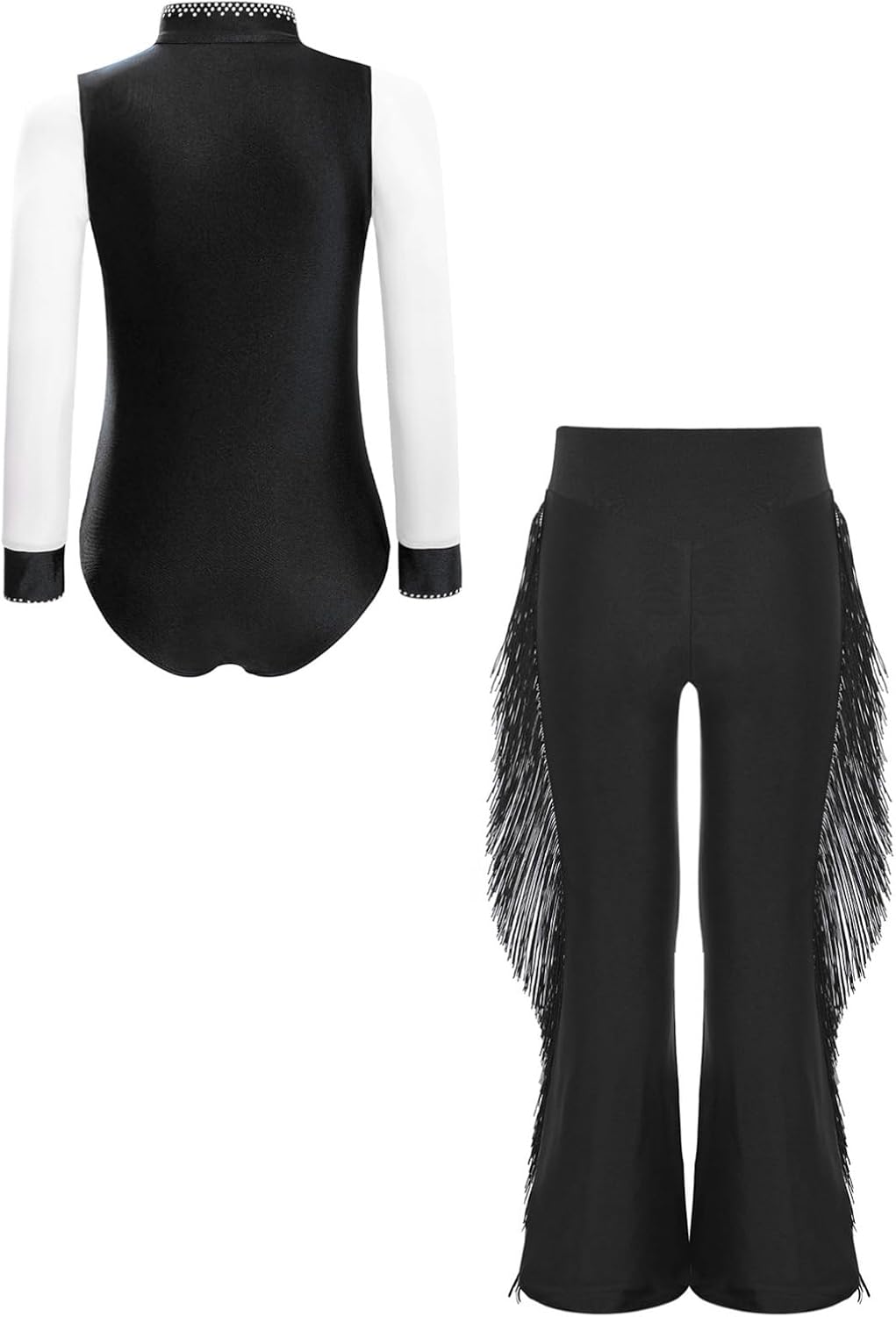 YiZYiF Kids Boys Figure Skating Outfits Sheer Mesh Latin Dance Performance Costume Ballroom Leotard with Tassels Pants