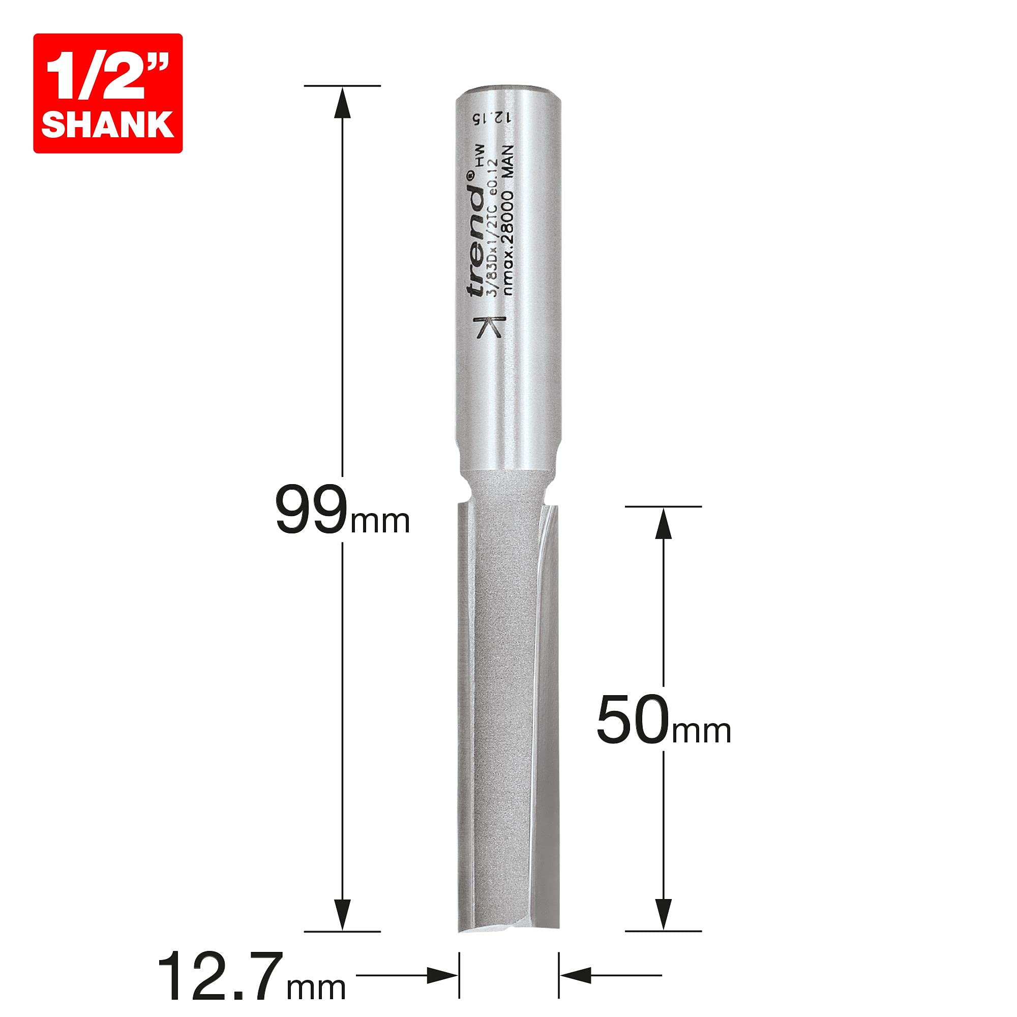 Trend Fraise à Deux Flûtes Professionnel, Queue de 1/2 Pouce, Diamètre de Coupe 12,7mm, Longueur de Coupe 50mm, Plaquettes en Carbure de Tungstène, 3/83DX1/2TC