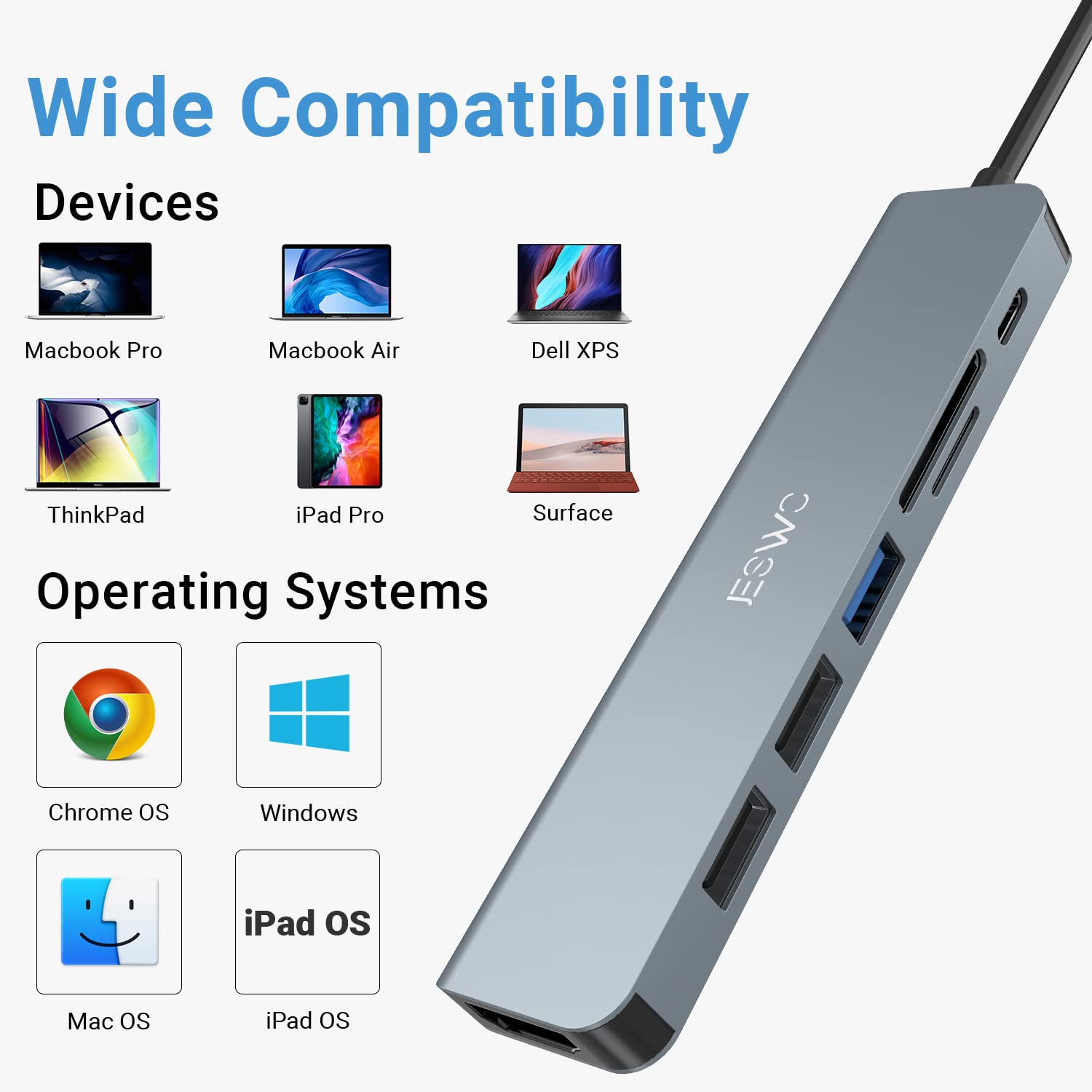 JESWO 7 en 1 Hub USB C Adaptateur Multiport HDMI 4K USB 3.0 Lecteur de Cartes SD/TF 100W PD pour MacBook Pro Air iPad Pro Dell XPS