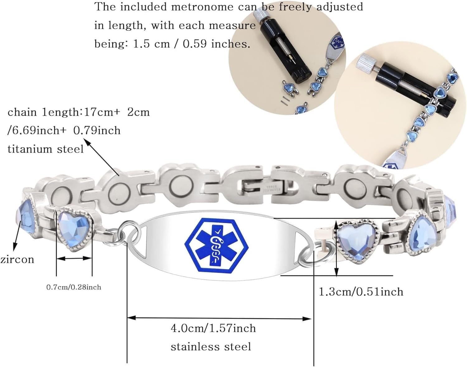 Dynamic QR Code Medical Alert Bracelet for Women, Heart-Shaped Zircon Chain Titanium Steel Jewelry, Editable Medical ID Bracelet, Scan to Update Medical Information Anytime, No Engraving Required