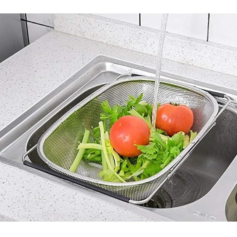 Image of Onrpix Multipurpose Stainless Steel Colander Basket for Washing Rice, Fruits, Vegetables, Grains, Strainer Drainer Bowl with Handle, The Kitchen Bowl (Square)