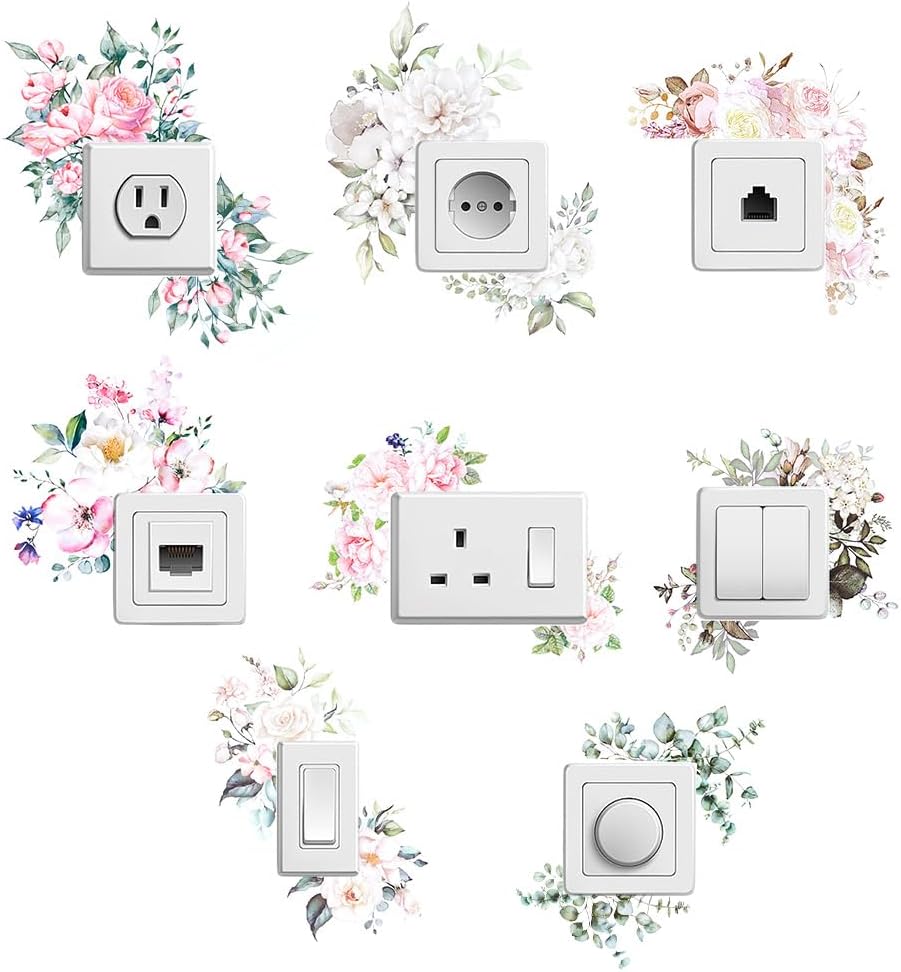 PLIGREAT 8 Pcs Fairy Girl Switch Stickers Flower Butterfly Socket Decorative Decals Removable PVC Stickers for Bedroom Living Room Kitchen Nursery Bathroom Wall Home DIY Creative Decor