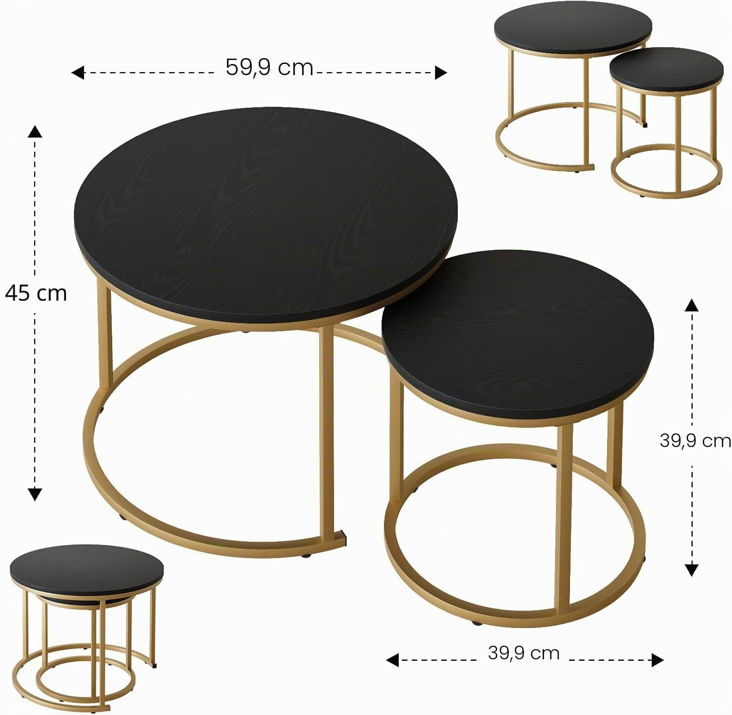 Huhote Lot de 2 tables basses rondes, tables d'appoint, tables gigognes, tables d'appoint avec cadre en métal pour salon, chambre, balcon, bureau, appartement, diamètre 60 cm (cadre doré, dessus noir)