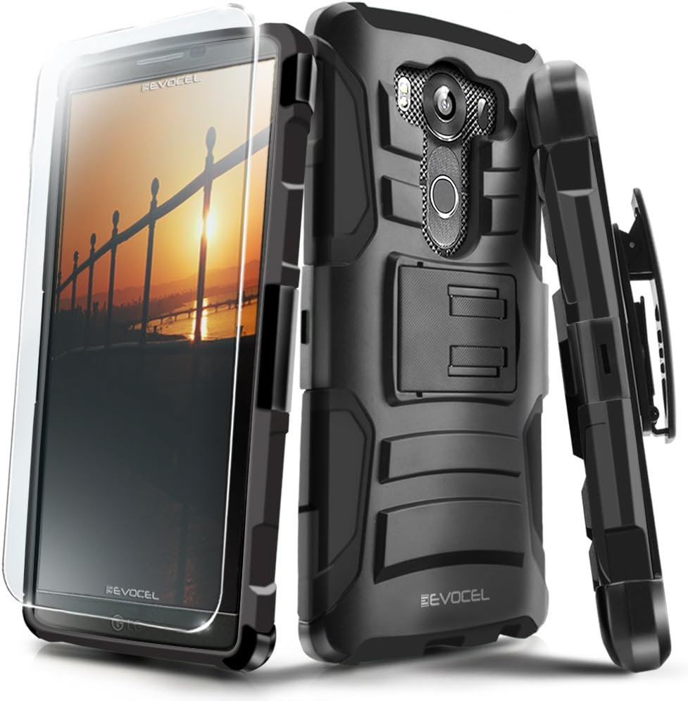 Evocel Generation Series Phone Case Compatible with V10 with HD Screen Protector and Belt Clip Holster, Black