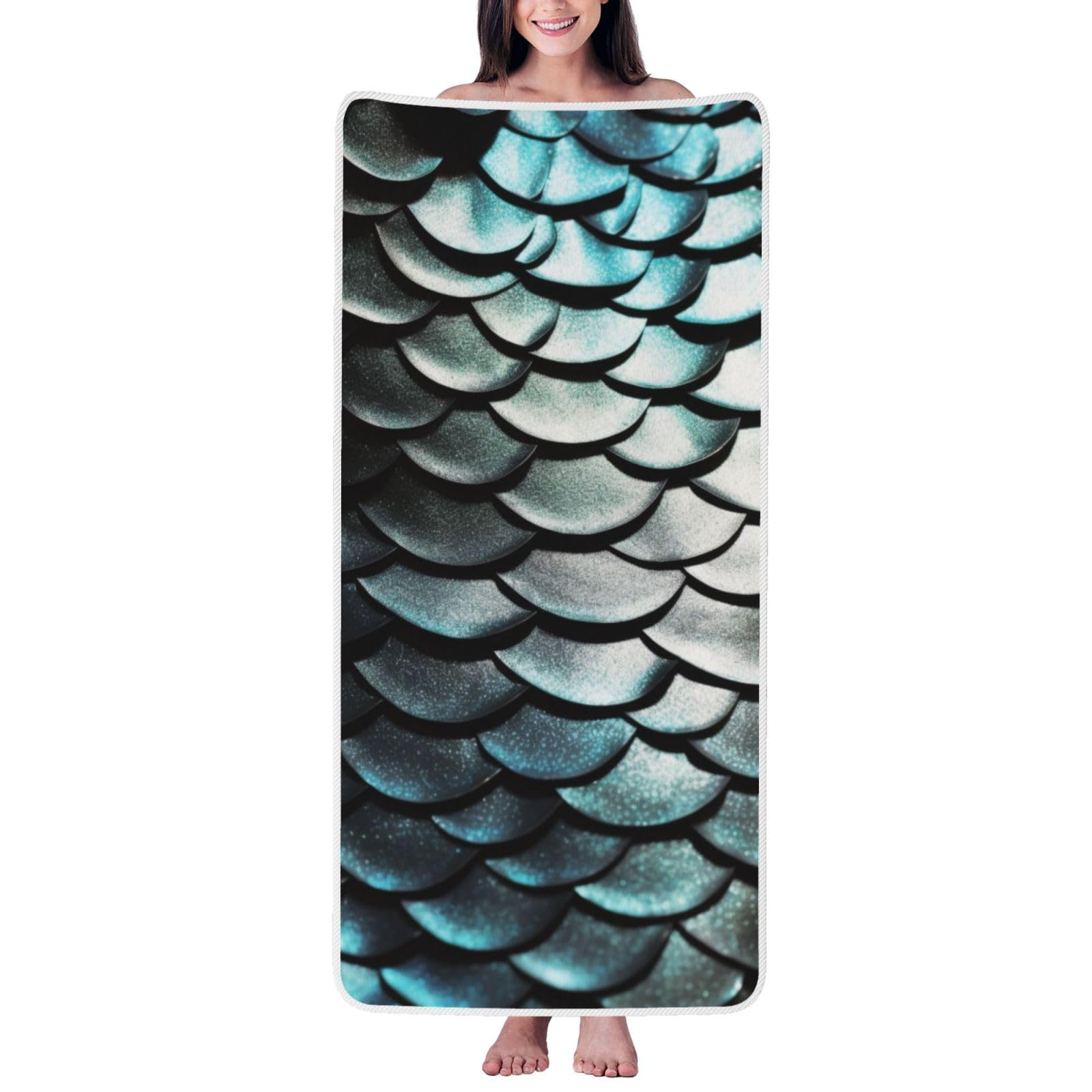 WPKJU Silver Fish Scale Printed Bath Towel with White Edging - 27x55 in Soft Extra Absorbent Coral Velvet Shower Towels for Bathroom