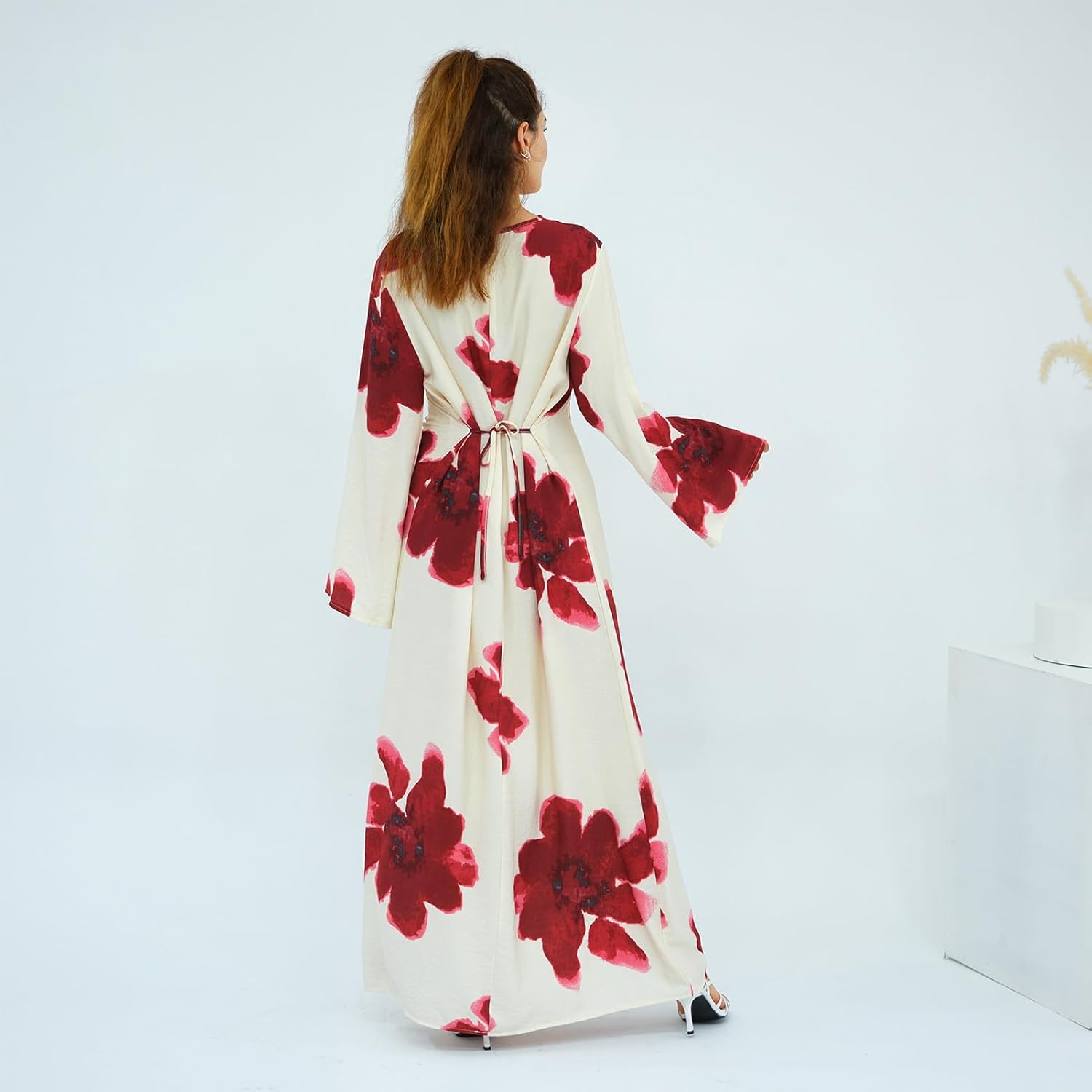 FYMNSI Womens Muslim Dresses Bell Sleeve Floral Butterfly Abaya Modest Dubai Kaftan Islamic Dress Eid Ramadan Prayer Clothes