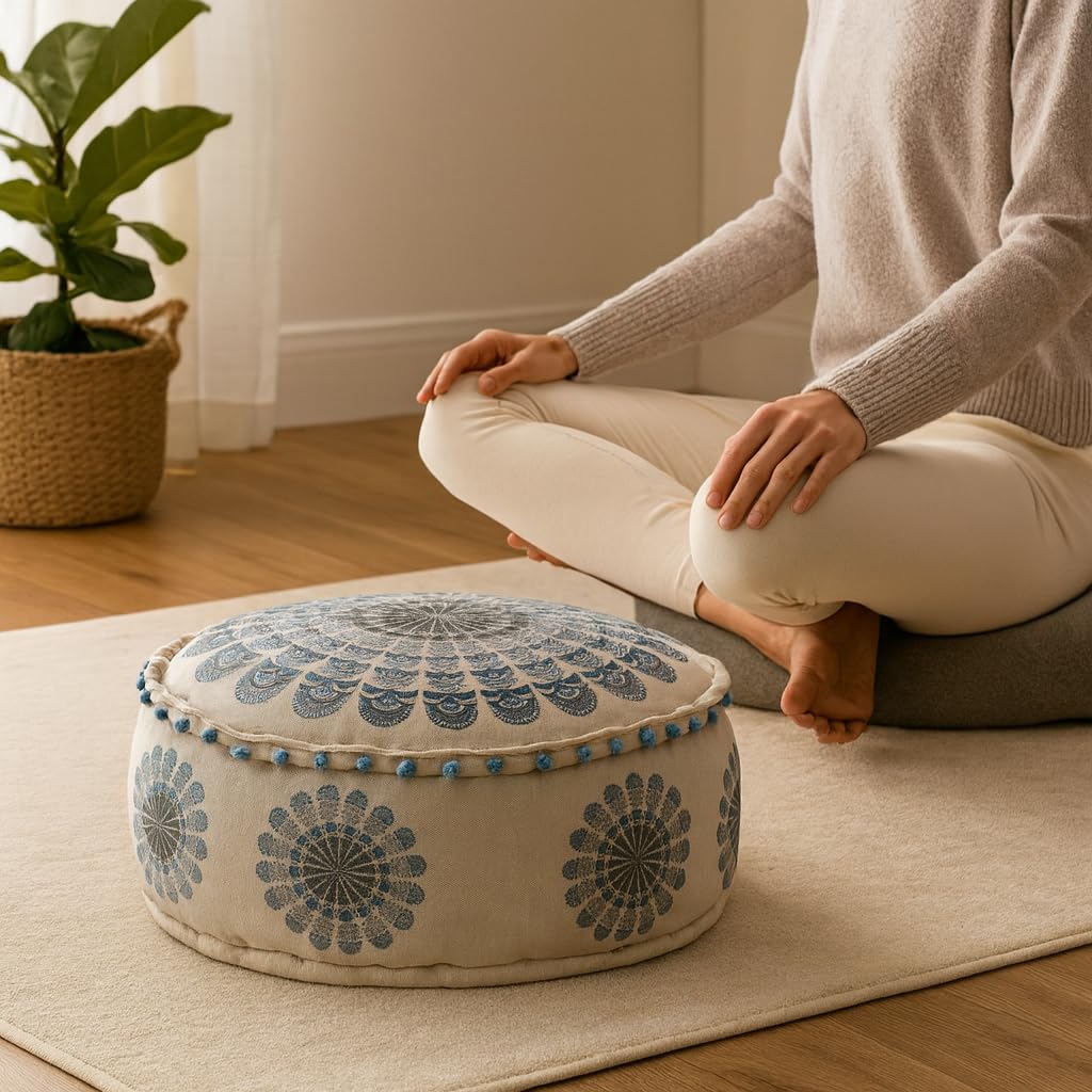 Boho Pouf Garet handgefertigt aus Baumwolle in Blau 50 cm handgemacht